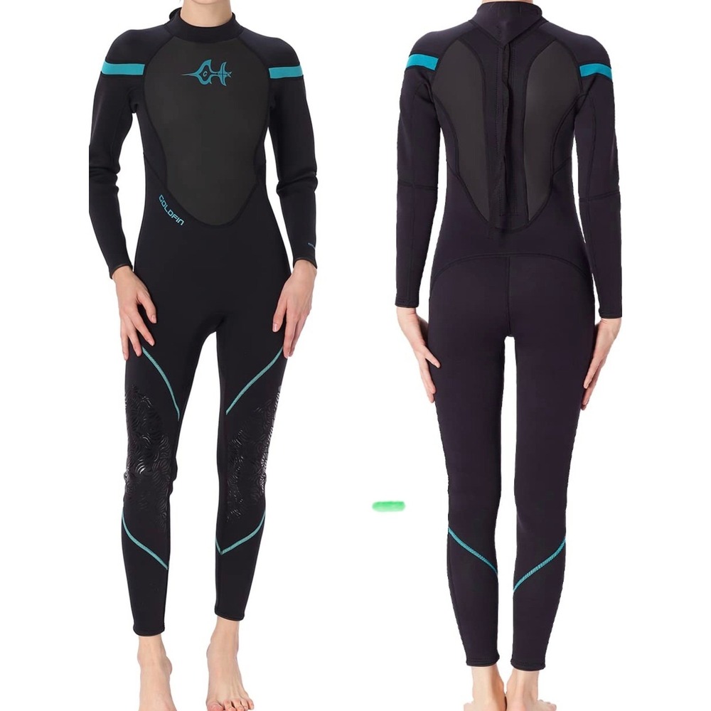 Goldfin Full Wetsuit Womens medium Black Teal Neoprene Back Zip Surf Dive